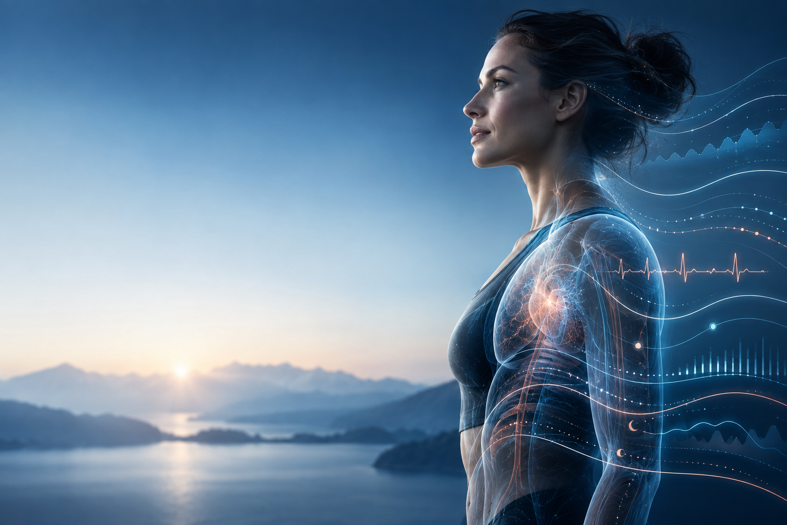 Conceptual portrait connecting human health with a digital data landscape